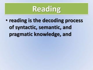 Reading
• reading is the decoding process
of syntactic, semantic, and
pragmatic knowledge, and
 
