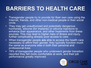 BARRIERS TO HEALTH CARE
• Transgender people try to provide for their own care using the
Internet, friends, and other non-medical people in their social
circle.
• They may get unauthorized and potentially dangerous
hormones, silicone (for implants) or silicone injections to
enhance their appearance, and other treatments from these
sources. This may lead to higher risks of illness and injury,
further complicating already poor access to care.
• When transgender people are able to access the health care
necessary to affirm their gender, they typically function much
the same as everyone else in both their personal and
professional lives.
• 78% of transgender people who underwent gender transition
reported they felt more comfortable at work, and their job
performance greatly improved.
 