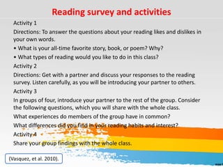 Reading survey and activities
Activity 1
Directions: To answer the questions about your reading likes and dislikes in
your own words.
• What is your all-time favorite story, book, or poem? Why?
• What types of reading would you like to do in this class?
Activity 2
Directions: Get with a partner and discuss your responses to the reading
survey. Listen carefully, as you will be introducing your partner to others.
Activity 3
In groups of four, introduce your partner to the rest of the group. Consider
the following questions, which you will share with the whole class.
What experiences do members of the group have in common?
What differences did you find in your reading habits and interest?
Activity 4
Share your group findings with the whole class.
(Vasquez, et al. 2010).
 