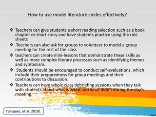 How to use model literature circles effectively?
 Teachers can give students a short reading selection such as a book
chapter or short story and have students practice using the role
sheets
 .Teachers can also ask for groups to volunteer to model a group
meeting for the rest of the class
 teachers can create mini-lessons that demonstrate these skills as
well as more complex literary processes such as identifying themes
and symbolism.
 Students should be encouraged to conduct self-evaluations, which
include their preparedness for group meetings and their
contributions to discussion.
 Teachers can have whole class debriefing sessions when they talk
with students about what worked and what didn’t during the day’s
meeting.
(Vasquez, et al. 2010).
 