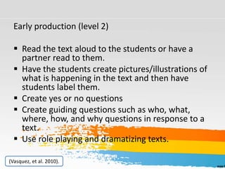 Early production (level 2)
 Read the text aloud to the students or have a
partner read to them.
 Have the students create pictures/illustrations of
what is happening in the text and then have
students label them.
 Create yes or no questions
 Create guiding questions such as who, what,
where, how, and why questions in response to a
text.
 Use role playing and dramatizing texts.
(Vasquez, et al. 2010).
 