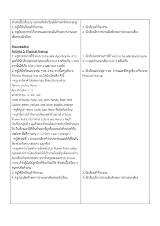 ทาเช่นนี้ไปเรื่อย ๆ จนกระทั่งนักเรียนได้อ่านคาสั่งครบทุกคู่
3. ครูให้นักเรียนทากิจกรรม
4. ครูสังเกตการทากิจกรรมและประเมินทักษะการอ่านออก
เสียงของนักเรียน
Post-reading
Activity 3: Physical line-up
1. ครูทบทวนการใช้ Verb to be และ Apostrophe s(’s)
และให้นักเรียนทุกคนอ่านออกเสียง text 3 พร้อมกัน 1 รอบ
จากนั้นให้เก็บ text 1 text 2 และ text 3 ลงไป
2. ครูให้นักเรียนแบ่งกลุ่ม ๆ ละ 5 คน จากนั้นครูอธิบาย
กิจกรรม Physical line-up ให้นักเรียนฟัง ดังนี้
- ครูแจกบัตรคาให้แต่ละกลุ่ม ซึ่งจะประกอบด้วย
Name: Justin, Harry
Apostrophe s: ’s
Verb to be: is, am, are
Parts of body: nose, leg, arm, hands, foot, feet
Colors: green, yellow, red, blue, purple, orange
- ครูติดรูปภาพของ Justin และ Harry ที่ผนังห้องเรียน
- ครูสาธิตการทากิจกรรมโดยแสดงตัวอย่างคาถามบน
Power Point เช่น What colors are Harry’s feet?
นักเรียนกลุ่มที่ 1 ดูแล้วตอบคาถามโดยการหยิบบัตรคาคนละ
ใบ ยืนเรียงแถวให้เป็นคาตอบที่ถูกต้องตามลาดับของคาใน
ประโยค นั่นคือ Harry / ’s / feet / are / orange / .
- ครูให้กลุ่มที่ 1 อ่านออกเสียงคาตอบของตนและให้เพื่อนใน
ห้องช่วยกันตรวจสอบความถูกต้อง
- ครูแสดงประโยคคาถามข้อต่อไปบน Power Point แต่ละ
กลุ่มตอบคาถามโดยเรียงคาให้เป็นประโยคที่ถูกต้องและอ่าน
ออกเสียงคาตอบของตน จากนั้นครูแสดงเฉลยบน Power
Point ถ้ากลุ่มใดไม่ถูกต้องก็ช่วยกันแก้ไข ทาเช่นนี้ไปเรื่อย ๆ
จนครบข้อคาถาม
3. ครูให้นักเรียนทากิจกรรม
4. ครูประเมินทักษะการอ่านออกเสียงของนักเรียน
3. นักเรียนทากิจกรรม
4. นักเรียนรับการประเมินทักษะการอ่านออกเสียง
1. นักเรียนทบทวนการใช้ Verb to be และ Apostrophe
s(’s) และอ่านออกเสียง text 3 พร้อมกัน
2. นักเรียนแบ่งกลุ่ม ๆ ละ 5 คนและฟังครูอธิบายกิจกรรม
Physical line-up
3. นักเรียนทากิจกรรม
4. นักเรียนรับการประเมินทักษะการอ่านออกเสียง
 