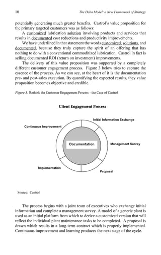 10                                          The Delta Model: a New Framework of Strategy


potentially generating much greater benefits. Castrol’s value proposition for
the primary targeted customers was as follows:
     A customized lubrication solution involving products and services that
results in documented cost reductions and productivity improvements.
     We have underlined in that statement the words customized, solutions, and
documented, because they truly capture the spirit of an offering that has
nothing to do with a conventional commoditized lubrication. Castrol in fact is
selling documented ROI (return on investment) improvements.
     The delivery of this value proposition was supported by a completely
different customer engagement process. Figure 3 below tries to capture the
essence of the process. As we can see, at the heart of it is the documentation
pre- and post-sales execution. By quantifying the expected results, they value
proposition becomes objective and credible.

Figure 3: Rethink the Customer Engagement Process - the Case of Castrol



                              Client Engagement Process


                                                     Initial Information Exchange

      Continuous Improvement




                                     Documentation               Management Survey




               Implementation
                                                          Proposal




 Source: Castrol


     The process begins with a joint team of executives who exchange initial
information and complete a management survey. A model of a generic plant is
used as an initial platform from which to derive a customized version that will
reflect the individual plant maintenance tasks to be completed. A proposal is
drawn which results in a long-term contract which is properly implemented.
Continuous improvement and learning produces the next stage of the cycle.
 