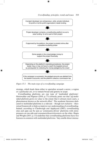 Crowdfunding: principles, trends and issues  ­
319
strategy, which leads them either to specialize around a sector, a region
or a particular art, or to remain broad and generic in scope.
Crowdfunding platforms are one type of ‘multisided platforms’.
Osterwalder and Pigneur (2010, p. 77) correctly point out that ‘[a] multi-­
sided platform grows in value to the extent that it attracts more users, a
phenomenon known as the network effect’. The academic literature dedi-
cated to multisided platforms is a relevant – though not exclusive – theo-
retical framework to help us improve our understanding of crowdfunding.
Indeed, according to Chesbrough and Appleyard (2007), crowdfunding
sites and apps can be seen as ‘community-­
driven’ platforms with entre-
preneurs on one side and consumers/donors/investors on the other. Hagiu
and Wright (2015, p. 13) underline that crowdfunding platforms have two
features in common with multisided platforms: ‘they enable direct interac-
A project developer (an entrepreneur, artist, private individual,
for-profit or not-for-profit organization) needs funding
Project developer contacts a crowdfunding platform so as to
raise funding for all or part of their project
If approved by the platform, the project is posted online after
a possible incubating phase
Some people in the crowd pledge money to
support the project financially
Depending on the platform’s operating procedures, the project
leader may or may not have to reach the targeted amount
as prerequisite for collecting the money pledged by the crowd
If the campaign is successful, the pledged amounts are debited from
the backer’s accounts, and the platform collects a commission fee
Figure 15.1  The main steps of a crowdfunding campaign
M4036 - OLLEROS PRINT.indd 319 18/07/2016 13:05
 
