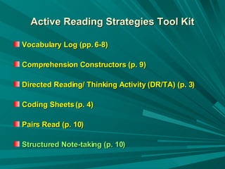 Active Reading Strategies Tool Kit Vocabulary Log (pp. 6-8) Comprehension Constructors (p. 9) Directed Reading/ Thinking Activity (DR/TA) (p. 3) Coding Sheets (p. 4) Pairs Read (p. 10) Structured Note-taking (p. 10) 