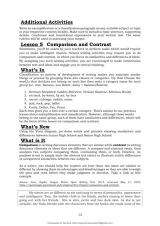 13
Additional Activities
Write an exemplification or a classification paragraph on any suitable subject or topic
in your respective context/locality. Make sure to include a topic sentence, supporting
details, conclusion and transitional expressions in your written text. The same
rubrics will be used in assessing your output.
Sometimes, you’ll be asked by your teachers to perform tasks which would require
you to make intelligent choices. School writing activities may require you to do
comparison and contrast, in which you focus on similarities and differences of ideas.
By assigning you such writing activities, you are encouraged to make connections
between text and ideas and engage you in critical thinking.
What’s In
Classification as pattern of development of writing makes you associate similar
things or process by grouping them into classes or categories. Try this! Choose the
word/s that do/does not belong on each line then write a category name for each
group (i.e. rose, banana, sun flower, daisy = banana/flowers).
1. German Shepherd, Golden Retriever, Persian Siamese, Siberian Husky
2. on land, by water, by air, by bus
3. carrot, cabbage, radish, onion
4. jazz, rock, pop, ballet
5. Coins, Dollar, Yen, Franc
Each item gives you a hint over a certain category. That’s similar to our previous
lesson about exemplification and classification. However, although these words
belong to the same group, each of them have similarities and differences, which will
be the focus of this lesson on comparison and contrast.
What’s New
Using the Venn diagram, jot down words and phrases showing similarities and
differences between Junior High School and Senior High School.
What is It
Comparison in writing discusses elements that are similar while contrast in writing
discusses elements or ideas that are different. A compare-and-contrast essay, then
analyzes two subjects comparing them, contrasting them, or both. However, its
purpose is not to simply state the obvious but rather to illustrate subtle differences
or unexpected similarities between two subjects.
As a writer, you should help the readers see how these two ideas are similar or
different by showing them its advantages and disadvantages so they are able to weigh
the pros and cons before they make judgment or decision. Take a look at this
example.
Source: Jenn, Kepka, Oregon Writes Open Writing Text. 2015, accessed May 21, 2020,
https://openoregon.pressbooks.pub/oregonwrites/chapter/comparison-and-contrast/
My sisters are as different as yin and yang in terms of personality, appearance
and intelligence. Tina, the middle child in the family, prefers staying at home than
going out with her friends. She is slim, petite and has dark skin. As she is not
sociable, she finds friends with the characters from the books she reads most of the
Lesson 5 Comparison and Contrast
Downloaded by Keirstine Claire Areja (keirstineclaire05@gmail.com)
lOMoARcPSD|20061457
 