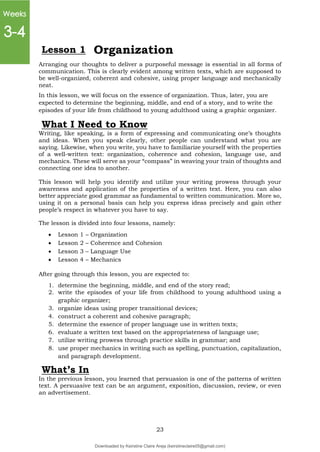 23
Arranging our thoughts to deliver a purposeful message is essential in all forms of
communication. This is clearly evident among written texts, which are supposed to
be well-organized, coherent and cohesive, using proper language and mechanically
neat.
In this lesson, we will focus on the essence of organization. Thus, later, you are
expected to determine the beginning, middle, and end of a story, and to write the
episodes of your life from childhood to young adulthood using a graphic organizer.
What I Need to Know
Writing, like speaking, is a form of expressing and communicating one’s thoughts
and ideas. When you speak clearly, other people can understand what you are
saying. Likewise, when you write, you have to familiarize yourself with the properties
of a well-written text: organization, coherence and cohesion, language use, and
mechanics. These will serve as your “compass” in weaving your train of thoughts and
connecting one idea to another.
This lesson will help you identify and utilize your writing prowess through your
awareness and application of the properties of a written text. Here, you can also
better appreciate good grammar as fundamental to written communication. More so,
using it on a personal basis can help you express ideas precisely and gain other
people’s respect in whatever you have to say.
The lesson is divided into four lessons, namely:
 Lesson 1 – Organization
 Lesson 2 – Coherence and Cohesion
 Lesson 3 – Language Use
 Lesson 4 – Mechanics
After going through this lesson, you are expected to:
1. determine the beginning, middle, and end of the story read;
2. write the episodes of your life from childhood to young adulthood using a
graphic organizer;
3. organize ideas using proper transitional devices;
4. construct a coherent and cohesive paragraph;
5. determine the essence of proper language use in written texts;
6. evaluate a written text based on the appropriateness of language use;
7. utilize writing prowess through practice skills in grammar; and
8. use proper mechanics in writing such as spelling, punctuation, capitalization,
and paragraph development.
What’s In
In the previous lesson, you learned that persuasion is one of the patterns of written
text. A persuasive text can be an argument, exposition, discussion, review, or even
an advertisement.
Lesson 1 Organization
Weeks
3-4
Downloaded by Keirstine Claire Areja (keirstineclaire05@gmail.com)
lOMoARcPSD|20061457
 
