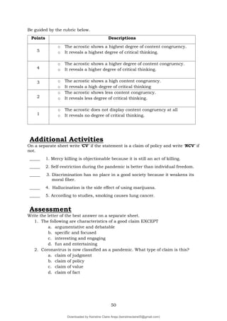 50
Be guided by the rubric below.
Points Descriptions
5
o The acrostic shows a highest degree of content congruency.
o It reveals a highest degree of critical thinking.
4
o The acrostic shows a higher degree of content congruency.
o It reveals a higher degree of critical thinking.
3 o The acrostic shows a high content congruency.
o It reveals a high degree of critical thinking
2
o The acrostic shows less content congruency.
o It reveals less degree of critical thinking.
1
o The acrostic does not display content congruency at all
o It reveals no degree of critical thinking.
Additional Activities
On a separate sheet write ‘CV’ if the statement is a claim of policy and write ‘NCV’ if
not.
_____ 1. Mercy killing is objectionable because it is still an act of killing.
_____ 2. Self-restriction during the pandemic is better than individual freedom.
_____ 3. Discrimination has no place in a good society because it weakens its
moral fiber.
_____ 4. Hallucination is the side effect of using marijuana.
_____ 5. According to studies, smoking causes lung cancer.
Write the letter of the best answer on a separate sheet.
1. The following are characteristics of a good claim EXCEPT
a. argumentative and debatable
b. specific and focused
c. interesting and engaging
d. fun and entertaining
2. Coronavirus is now classified as a pandemic. What type of claim is this?
a. claim of judgment
b. claim of policy
c. claim of value
d. claim of fact
Assessment
Downloaded by Keirstine Claire Areja (keirstineclaire05@gmail.com)
lOMoARcPSD|20061457
 