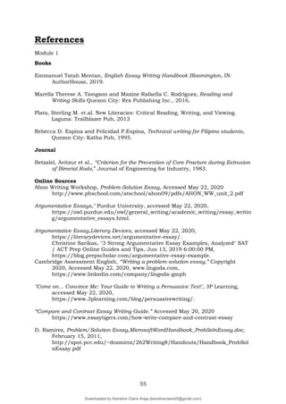 55
References
Module 1
Books
Emmanuel Tatah Mentan, English Essay Writing Handbook Bloomington, IN:
AuthorHouse, 2019.
Marella Therese A. Tiongson and Maxine Rafaella C. Rodriguez, Reading and
Writing Skills Quezon City: Rex Publishing Inc., 2016.
Plata, Sterling M. et.al. New Literacies: Critical Reading, Writing, and Viewing.
Laguna: Trailblazer Pub, 2013
Rebecca D. Espina and Felicidad P.Espina, Technical writing for Filipino students,
Quezon City: Katha Pub, 1995.
Journal
Betzalel, Avitzur et al., “Criterion for the Prevention of Core Fracture during Extrusion
of Bimetal Rods,” Journal of Engineering for Industry, 1983.
Online Sources
Ahon Writing Workshop, Problem-Solution Essay, Accessed May 22, 2020
http://www.phschool.com/atschool/ahon09/pdfs/AHON_WW_unit_2.pdf
Argumentative Essays," Purdue University, accessed May 22, 2020,
https://owl.purdue.edu/owl/general_writing/academic_writing/essay_writin
g/argumentative_essays.html.
Argumentative Essay,Literary Devices, accessed May 22, 2020,
https://literarydevices.net/argumentative-essay/.
Christine Sarikas, "3 Strong Argumentative Essay Examples, Analyzed" SAT
/ ACT Prep Online Guides and Tips, Jun 13, 2019 6:00:00 PM,
https://blog.prepscholar.com/argumentative-essay-example.
Cambridge Assessment English, “Writing a problem-solution essay,” Copyright
2020, Accessed May 22, 2020, www.lingoda.com,
https://www.linkedin.com/company/lingoda-gmph
"Come on… Convince Me: Your Guide to Writing a Persuasive Text", 3P Learning,
accessed May 22, 2020,
https://www.3plearning.com/blog/persuasivewriting/.
“Compare and Contrast Essay Writing Guide.” Accessed May 20, 2020
https://www.essaytigers.com/how-write-compare-and-contrast-essay
D. Ramirez, Problem/Solution Essay,MicrosoftWordHandbook_ProbSolnEssay.doc,
February 15, 2011,
http://spot.pcc.edu/~dramirez/262Writing8/Handouts/Handbook_ProbSol
nEssay.pdf
Downloaded by Keirstine Claire Areja (keirstineclaire05@gmail.com)
lOMoARcPSD|20061457
 