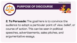 2. To Persuade: The goal here is to convince the
audience to adopt a particular point of view, belief, or
course of action. This can be seen in political
speeches, advertisements, sales pitches, and
argumentative essays.
PURPOSE OF DISCOURSE
Reading and Writing
 
