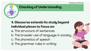 Checking of Understanding
Reading and Writing
4. Discourse extends its study beyond
individual pieces to focus on:
a. The structure of sentences
b. The broader use of language in society
c. The phonetics of speech
d. The grammar rules in writing
 