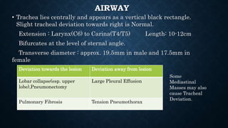 AIRWAY
• Trachea lies centrally and appears as a vertical black rectangle.
Slight tracheal deviation towards right is Normal.
Extension : Larynx(C6) to Carina(T4/T5) Length: 10-12cm
Bifurcates at the level of sternal angle.
Transverse diameter : approx. 19.5mm in male and 17.5mm in
female
Deviation towards the lesion Deviation away from lesion
Lobar collapse(esp. upper
lobe),Pneumonectomy
Large Pleural Effusion
Pulmonary Fibrosis Tension Pneumothorax
Some
Mediastinal
Masses may also
cause Tracheal
Deviation.
 
