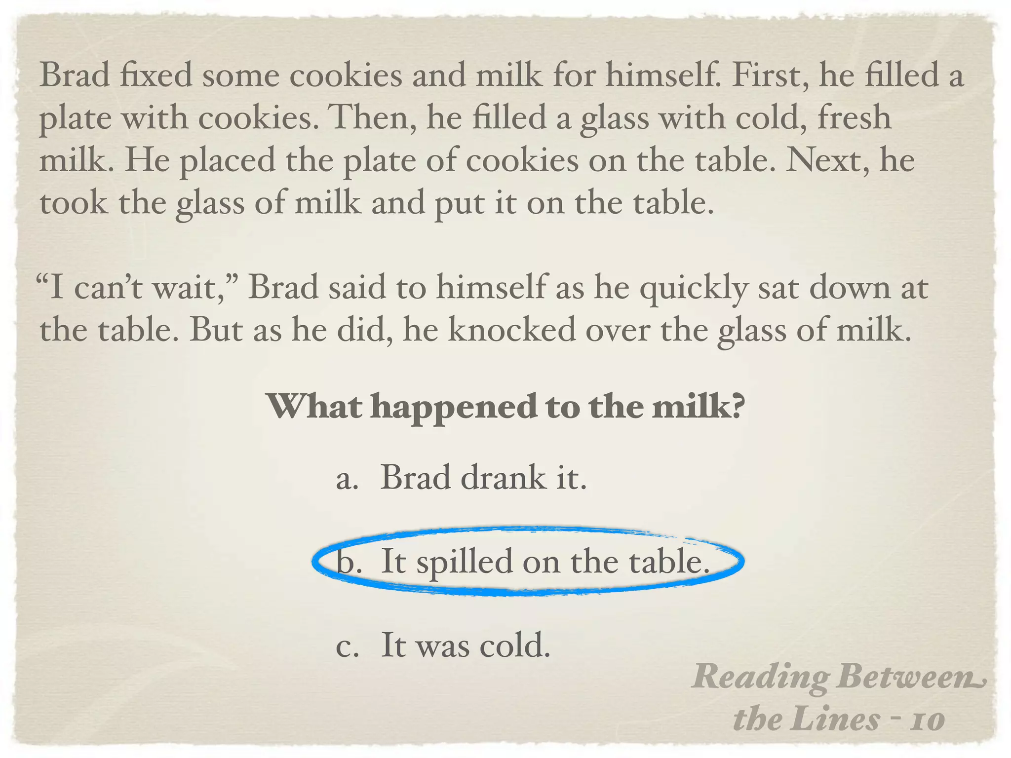 Brad ﬁxed some cookies and milk for himself. First, he ﬁlled a
plate with cookies. Then, he ﬁlled a glass with cold, fresh
milk. He placed the plate of cookies on the table. Next, he
took the glass of milk and put it on the table.

“I can’t wait,” Brad said to himself as he quickly sat down at
the table. But as he did, he knocked over the glass of milk.

               What happened to the milk?

                    a. Brad drank it.

                    b. It spilled on the table.

                    c. It was cold.
                                             Reading Between
                                               the Lines - 10
 
