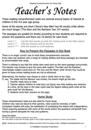 Reading Comprehension for Kindy Kids
© Intelligent Australia Productions 3
In Teacher’s Notes have Suggestion, eg
Use interesting sentence beginnings
direct speech
vocabulary prompts
thesaurus words
descriptive words (adjectives)
Use better verbs
Use adjectives
Paint your characters
Surprise ending
Write in the 1st
person, 2nd
, 3rd
etc
One paragraph per idea
Integration with other subject areas (ART?)
Personification
TTTTTTTTeeeeeeeeaaaaaaaacccccccchhhhhhhheeeeeeeerrrrrrrr’’’’’’’’ssssssss NNNNNNNNooooooootttttttteeeeeeeessssssss
TThheessee rreeaaddiinngg ccoommpprreehheennssiioonn ttaasskkss aarree cceennttrreedd aarroouunndd ttooppiiccss ooff iinntteerreesstt ttoo
cchhiillddrreenn iinn tthhee 44--66 yyeeaarr aaggee ggrroouupp..
SSoommee ooff tthhee ssttoorriieess aarree sshhoorrtt ((‘‘AAnnnnaa’’ss NNeeww BBiikkee’’ hhaass 4400 wwoorrddss)) wwhhiillee ootthheerrss
aarree mmuucchh lloonnggeerr ((‘‘TThhee RRaamm aanndd tthhee RRaaiinnbbooww’’ hhaass 115577 wwoorrddss))..
TThhee ppaassssaaggeess aarree ggrraaddeedd ((iinn lleevveellss)) aaccccoorrddiinngg ttoo hhooww ssttuuddeennttss aarree rreeqquuiirreedd ttoo
aannsswweerr tthhee qquueessttiioonnss aanndd tthheerree aarree 1100 ssttoorriieess ffoorr eeaacchh lleevveell..
LLeevveell 11 ** rriinngg tthhee bbeesstt aannsswweerr oorr wwrriittee tthhee mmiissssiinngg wwoorrdd oonn tthhee lleetttteerr ssppaacceess
LLeevveell 22 **** wwrriittee tthhee mmiissssiinngg wwoorrdd oonn tthhee lliinnee
LLeevveell 33 ****** wwrriittee tthhee aannsswweerr aass aa ffuullll sseenntteennccee
HHooww ttoo PPrreesseenntt tthhee PPaassssaaggeess iinn tthhiiss BBooookk
TThheerree iiss nnoo ssiinnggllee ‘‘ccoorrrreecctt’’ wwaayy ttoo ttrreeaatt tthheessee ccoommpprreehheennssiioonn eexxeerrcciisseess..
EEvveerryy ccllaassss hhaass ssttuuddeennttss wwiitthh aa rraannggee ooff rreeaaddiinngg aabbiilliittiieess aanndd tthheessee ppaassssaaggeess aarree iinntteennddeedd
ttoo aaccccoommmmooddaattee tthhaatt rraannggee..
TThheerree iiss nnootthhiinngg ttoo ssaayy tthhaatt tthhee wwhhoollee ccllaassss nneeeedd wwoorrkk oonn tthhee ssaammee ppaassssaaggee ccoonnccuurrrreennttllyy..
TThhee tteeaacchheerr mmaayy cchhoooossee ttoo ggiivvee tthhee mmoorree aabbllee rreeaaddeerrss ‘‘TThhee RRaamm aanndd tthhee RRaaiinnbbooww’’,,
iinntteerrmmeeddiiaattee rreeaaddeerrss ccoouulldd wwoorrkk oonn ‘‘TThhee SSuunn aanndd tthhee MMoooonn’’ wwhhiillee ‘‘AAnnnnaa’’ss PPuupp’’ ccoouulldd bbee
ggiivveenn ttoo tthhoossee wwhhoossee rreeaaddiinngg lleevveellss aarree nnoott ssoo aaddvvaanncceedd..
AAlltteerrnnaattiivveellyy,, tthhee tteeaacchheerr mmaayy cchhoooossee ttoo rreeaadd aa wwhhoollee ssttoorryy ttoo hheerr ccllaassss..
IIff,, ssaayy,, ‘‘TThhee AAppppllee aanndd tthhee BBaannaannaa’’ wwaass cchhoosseenn,, tthhee lleessssoonn mmiigghhtt ggoo lliikkee tthhiiss::
11.. TTeeaacchheerr rreeaaddss ssttoorryy ttoo ccllaassss
22.. TTeeaacchheerr sseelleeccttss cchhiillddrreenn ttoo rreeaadd ssttoorryy oouutt aalloouudd,, oonnee cchhiilldd rreeaaddiinngg oonnee sseenntteennccee
aatt aa ttiimmee.. AAllll tthhee bbooyyss iinn tthhee ccllaassss ccoouulldd rreeaadd tthhee AAppppllee’’ss ttaallkkiinngg ppaarrttss wwhhiillee aallll tthhee
ggiirrllss ccoouulldd ‘‘bbee’’ tthhee BBaannaannaa..
33.. SSttuuddeennttss wwrriittee tthheeiirr aannsswweerrss oonn tthhee ppaaggee..
HHoommee SSttuuddyy
TThheessee ccoommpprreehheennssiioonn ttaasskkss aarree aallssoo iiddeeaall ffoorr hhoommee ssttuuddyy..
CChhiillddrreenn mmaayy rreeaadd oouutt aalloouudd ttoo tthheeiirr ppaarreennttss,, rroolleess ccoouulldd bbee rreevveerrsseedd,, oorr bbootthh..
CCoommppeetteenntt rreeaaddeerrss wwiillll eennjjooyy tthhee ssaattiissffaaccttiioonn ooff ccoommpplleettiinngg tthhee sshheeeettss wwiitthh iinnddeeppeennddeennccee..
TThhoossee rreeqquuiirriinngg aassssiissttaannccee wwiitthh ssoommee ooff tthhee wwoorrddss aanndd//oorr tthhee qquueessttiioonnss wwiillll bbeenneeffiitt ffrroomm
hhaavviinngg aa ppaarreenntt aalloonnggssiiddee ffoorr hheellpp aanndd gguuiiddaannccee..
About the Author
Ron Shaw taught in primary schools for many years.
He is the author of more than 40 books (used in many English-speaking countries) for primary school classes.
NOTE: Should you be interested in a follow-up book to this one please email: intelligent.australia@yahoo.com
 
