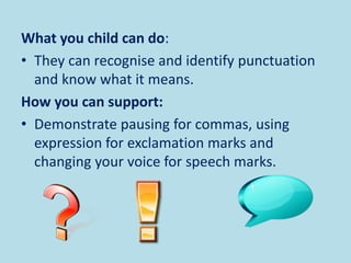 What you child can do:
• They can recognise and identify punctuation
and know what it means.
How you can support:
• Demonstrate pausing for commas, using
expression for exclamation marks and
changing your voice for speech marks.
 