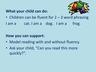 What your child can do:
• Children can be fluent for 2 – 3 word phrasing
I am a cat. I am a dog. I am a frog.
How you can support:
• Model reading with and without fluency.
• Ask your child, “Can you read this more
quickly?”.
 