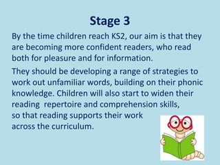 Stage 3
By the time children reach KS2, our aim is that they
are becoming more confident readers, who read
both for pleasure and for information.
They should be developing a range of strategies to
work out unfamiliar words, building on their phonic
knowledge. Children will also start to widen their
reading repertoire and comprehension skills,
so that reading supports their work
across the curriculum.
 