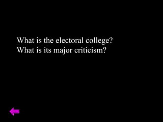 What is the electoral college? 
What is its major criticism? 
 