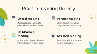 Practice reading fluency
Mars is actually a very cold
place. Mars is made of basalt
Venus has extremely high
temperatures. Venus is very
hot
Jupiter is the biggest planet of
them all. Jupiter is a gas giant
Saturn has a high number of
moons, like Jupiter
Choral reading
Child/adult
reading
Partner reading
Assisted reading
 