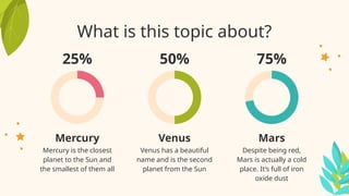 Mercury is the closest
planet to the Sun and
the smallest of them all
Mercury
Venus has a beautiful
name and is the second
planet from the Sun
Venus
Despite being red,
Mars is actually a cold
place. It’s full of iron
oxide dust
Mars
What is this topic about?
50% 75%
25%
 
