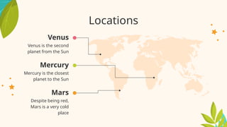 Venus
Mars
Mercury
Locations
Venus is the second
planet from the Sun
Despite being red,
Mars is a very cold
place
Mercury is the closest
planet to the Sun
 