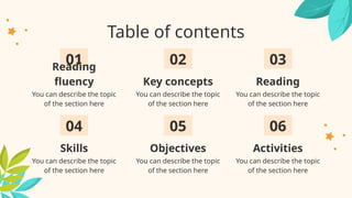 Table of contents
You can describe the topic
of the section here
You can describe the topic
of the section here
You can describe the topic
of the section here
You can describe the topic
of the section here
You can describe the topic
of the section here
You can describe the topic
of the section here
01
04
02
05
03
06
Reading
fluency Key concepts Reading
Skills Objectives Activities
 