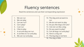 Fluency sentences
Read the sentences and use their corresponding expression
1. We can run
2. We can play
3. Can we run?
4. Can I play?
5. I can run
6. I like to play
7. A cat and dog can run
8. A cat likes to run and play
9. We can run and play
10. The dog and cat want to
run
11. We do not want to play
12. Do you like dogs and cats?
13. I do not run like a dog
14. Do you want to play?
15. Can all dogs run and play?
16. Here is a big cat!
17. The big dog is not here
18. The dog is little
 