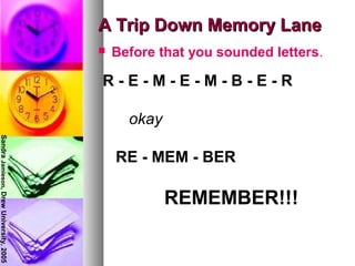 A Trip Down Memory LaneA Trip Down Memory Lane
 Before that you sounded letters.
R - E - M - E - M - B - E - R
okay
RE - MEM - BER
REMEMBER!!!
SandraJamieson,DrewUniversity,2005
 