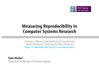 Measuring Reproducibility in
Computer Systems Research
Emir Muñoz
National University of Ireland Galway
Christian Collberg, Todd Proebsting, Gina Moraila,
Akash Shankaran, Zuoming Shi, Alex M Warren
http://reproducibility.cs.arizona.edu/
 