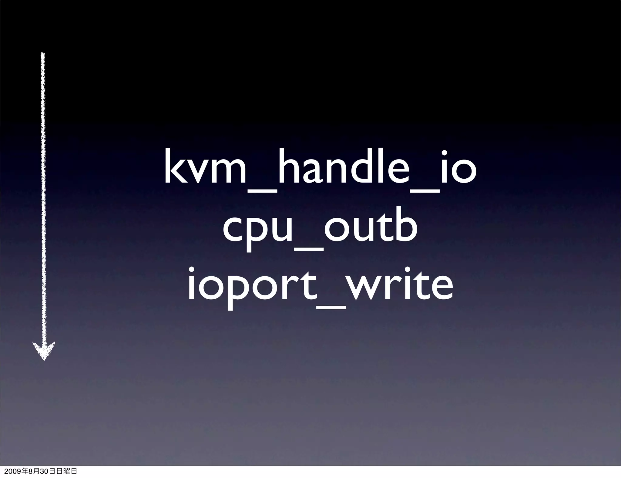 kvm_handle_io
                   cpu_outb
                 ioport_write


2009   8   30
 