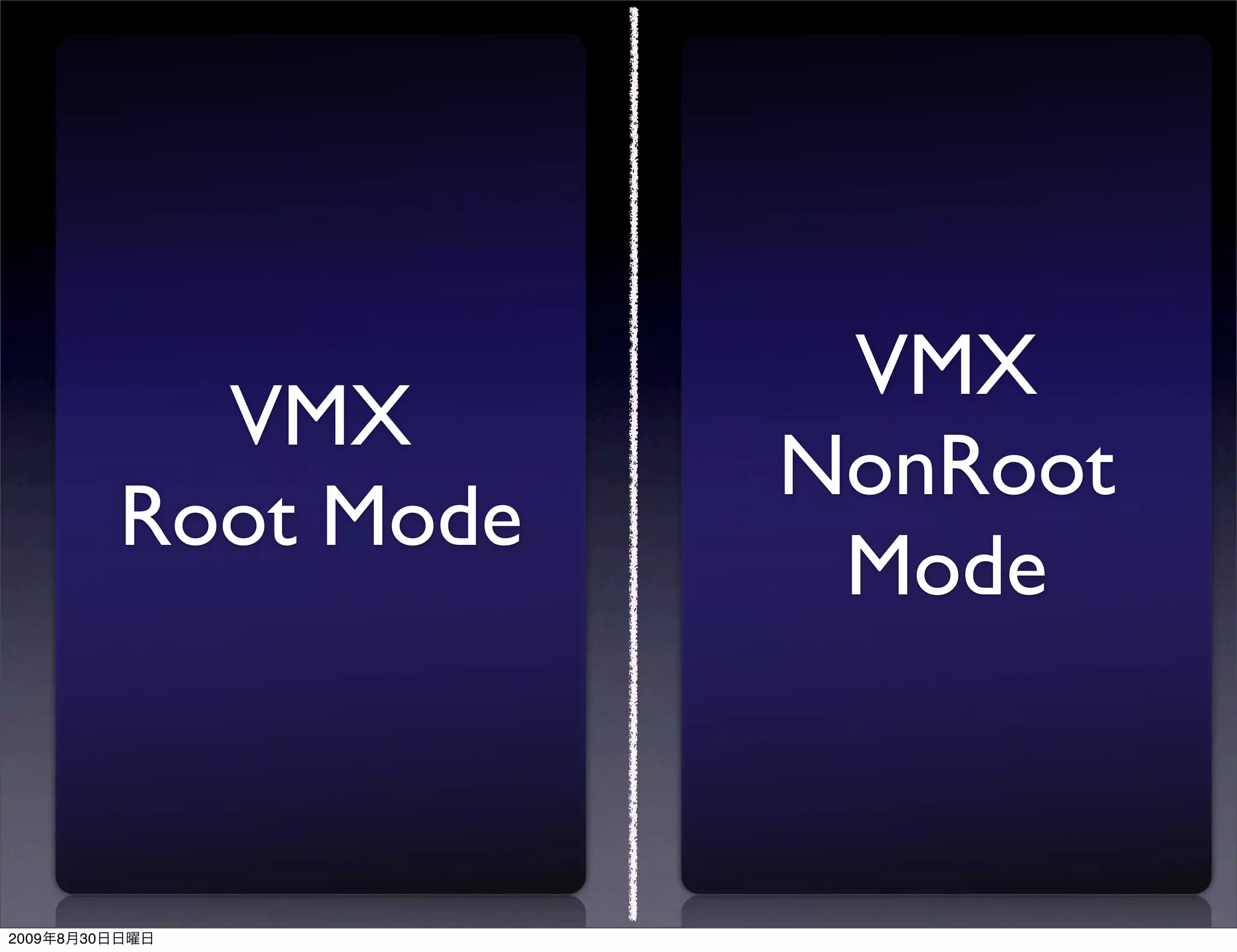 VMX
                  VMX
                            NonRoot
                Root Mode
                             Mode



2009   8   30
 