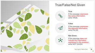 Your Logo or Name Here
True/False/Not Given
True
If the passage expresses
the same information,
write TRUE.
False
If the passage expresses
the opposite information,
write FALSE.
Not Given
If the passage does not
include the information
expressed in the question,
write NOT GIVEN.
16
 