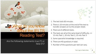 Your Logo or Name Here
What do you know
about the IELTS
Reading Test?
Are the following statements true (T) or
false (F)?
1. The test lasts 60 minutes.
2. There is 10 minutes at the end of the test to
transfer answers on to the answer sheet.
3. There are 4 different texts.
4. The texts are all at the same level of difficulty. =>
15 mts Text 1, 20 mts Text 2, 25 mts Text 3
5. Some specialist knowledge is required.
6. There are 40 questions in total.
7. Number of the questions per text can vary.
2
 