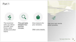 Your Logo or Name Here
Part 1
The examiner
asks you about
yourself, your
home, work,
studies and other
topics.
This part lasts
between four
and five
minutes.
1
Use your own words
when possible.
25
Give reasons for
your answers.
Offer extra details.
 