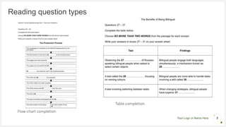 Your Logo or Name Here
Reading question types
5
Flow-chart completion
Table completion
 