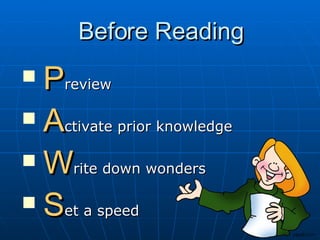 Before Reading P review A ctivate prior knowledge W rite down wonders S et a speed 