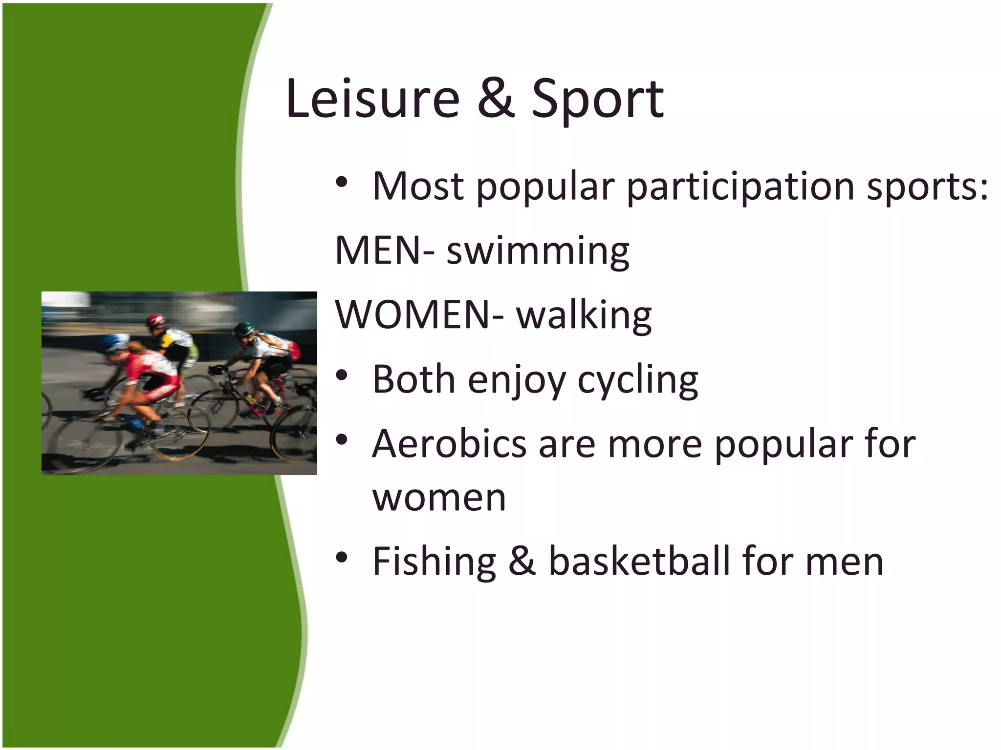 Leisure & Sport 
• Most popular participation sports: 
MEN- swimming 
WOMEN- walking 
• Both enjoy cycling 
• Aerobics are more popular for 
women 
• Fishing & basketball for men 
 