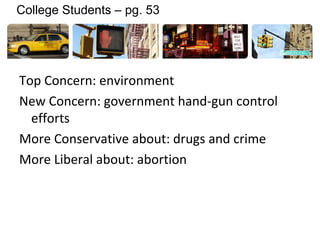 Top Concern: environment
New Concern: government hand-gun control
efforts
More Conservative about: drugs and crime
More Liberal about: abortion
College Students – pg. 53
 