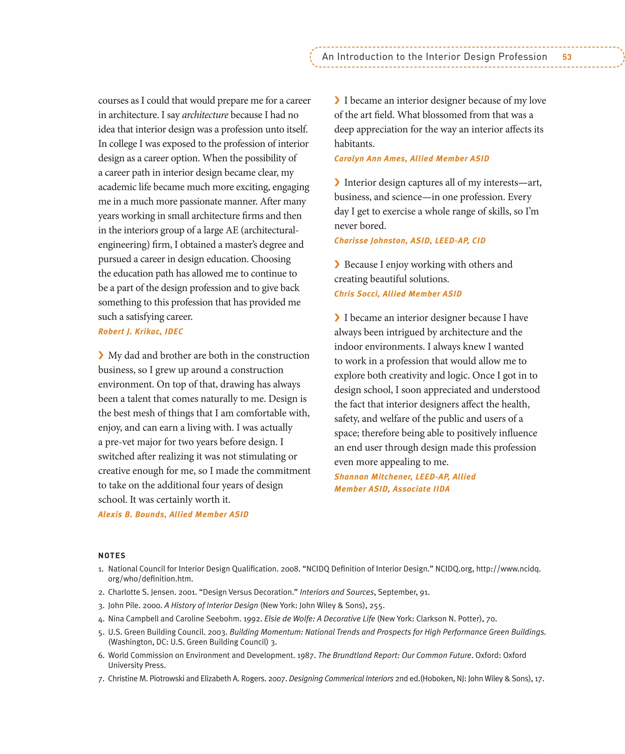An Introduction to the Interior Design Profession 53
courses as I could that would prepare me for a career
in architecture. I say architecture because I had no
idea that interior design was a profession unto itself.
In college I was exposed to the profession of interior
design as a career option. When the possibility of
a career path in interior design became clear, my
academic life became much more exciting, engaging
me in a much more passionate manner. After many
years working in small architecture firms and then
in the interiors group of a large AE (architectural-
engineering) firm, I obtained a master’s degree and
pursued a career in design education. Choosing
the education path has allowed me to continue to
be a part of the design profession and to give back
something to this profession that has provided me
such a satisfying career.
Robert J. Krikac, IDEC
› My dad and brother are both in the construction
business, so I grew up around a construction
environment. On top of that, drawing has always
been a talent that comes naturally to me. Design is
the best mesh of things that I am comfortable with,
enjoy, and can earn a living with. I was actually
a pre-vet major for two years before design. I
switched after realizing it was not stimulating or
creative enough for me, so I made the commitment
to take on the additional four years of design
school. It was certainly worth it.
Alexis B. Bounds, Allied Member ASID
› I became an interior designer because of my love
of the art field. What blossomed from that was a
deep appreciation for the way an interior affects its
habitants.
Carolyn Ann Ames, Allied Member ASID
› Interior design captures all of my interests—art,
business, and science—in one profession. Every
day I get to exercise a whole range of skills, so I’m
never bored.
Charisse Johnston, ASID, LEED-AP, CID
› Because I enjoy working with others and
creating beautiful solutions.
Chris Socci, Allied Member ASID
› I became an interior designer because I have
always been intrigued by architecture and the
indoor environments. I always knew I wanted
to work in a profession that would allow me to
explore both creativity and logic. Once I got in to
design school, I soon appreciated and understood
the fact that interior designers affect the health,
safety, and welfare of the public and users of a
space; therefore being able to positively influence
an end user through design made this profession
even more appealing to me.
Shannon Mitchener, LEED-AP, Allied
Member ASID, Associate IIDA
NOTES
1. National Council for Interior Design Qualiﬁcation. 2008. “NCIDQ Deﬁnition of Interior Design.” NCIDQ.org, http://www.ncidq.
org/who/deﬁnition.htm.
2. Charlotte S. Jensen. 2001. “Design Versus Decoration.” Interiors and Sources, September, 91.
3. John Pile. 2000. A History of Interior Design (New York: John Wiley & Sons), 255.
4. Nina Campbell and Caroline Seebohm. 1992. Elsie de Wolfe: A Decorative Life (New York: Clarkson N. Potter), 70.
5. U.S. Green Building Council. 2003. Building Momentum: National Trends and Prospects for High Performance Green Buildings.
(Washington, DC: U.S. Green Building Council) 3.
6. World Commission on Environment and Development. 1987. The Brundtland Report: Our Common Future. Oxford: Oxford
University Press.
7. Christine M. Piotrowski and Elizabeth A. Rogers. 2007. Designing Commerical Interiors 2nd ed.(Hoboken, NJ: John Wiley & Sons), 17.
 