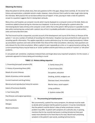 Obtaining the history

Allow the patient to tell the whole story, then ask questions to fill in the gaps. Always listen carefully. At the end of the
history and examination, a detailed record is made. However, many clinicians find it useful to make rough notes during
the interview. With practice this can be done without loss of rapport. In fact, pausing to make a note of a patient’s
answer to a question suggests that it is being taken seriously.

Many clinics and hospitals use computer records which may be displayed on a computer screen on the desk. Notes are
sometimes added to these during the interview via a keyboard. It can be very off-putting for a patient when the
interviewing doctor looks entirely at the computer screen rather than at the patient. With practice it is possible to enter
data while maintaining eye contact with a patient, but at first it is probably preferable in most cases to make written
notes and transcribe them later.

The final record must be a sequential, accurate account of the development and course of the illness or illnesses of the
patient. T ere are a number of methods of recording this information. Hospitals may have printed forms with spaces for
recording specific information. This applies especially to routine admissions (e.g. for minor surgical procedures). Follow-
up consultation questions and notes will be briefer than those of the initial consultation; obviously, many questions are
only relevant for the initial consultation. When a patient is seen repeatedly at a clinic or in a general practice setting, the
current presenting history may be listed as an ‘active’ problem and the past history as a series of ‘inactive’ or ‘still active’
problems.

A sick patient will sometimes emphasize irrelevant facts and forget about very important symptoms. For this reason, a
systematic approach to history taking and recording is crucial.

                               TABLE 1.1 History-taking sequence

1. Presenting (principal) symptom (PS)                           5. Family history (FH)

2. History of presenting illness (HPI)                           4. Social history (SH)

Details of current illnesses                                     Occupation, education

Details of previous similar episodes                             Smoking, alcohol, analgesic use

Current treatment and drug history                               Overseas travel, immunisation

Menstrual and reproductive history for women                     Marital status, social support

Extent of functional disability                                  Living conditions

3. Past history (PH)                                             6. Systems review (SR)

Past illnesses and surgical operations
                                            1. The presenting (principal)symptom
Past treatments
                                         Not uncommonly, a patient has many symptoms. An attempt must be made
Allergies
                                         to decide which symptom led the patient to present. It must be remembered
Blood transfusions                       that the patient’s and the doctor’s ideas of what constitutes a serious
                                         problem may differ. A patient with symptoms of a cold who also, in passing,
                                         mentions that he has recently had severe crushing retrosternal chest pain
                                         needs more attention to his heart than to his nose. Record each presenting
                                         symptom in the patient’s own words, avoiding technical terms.
 