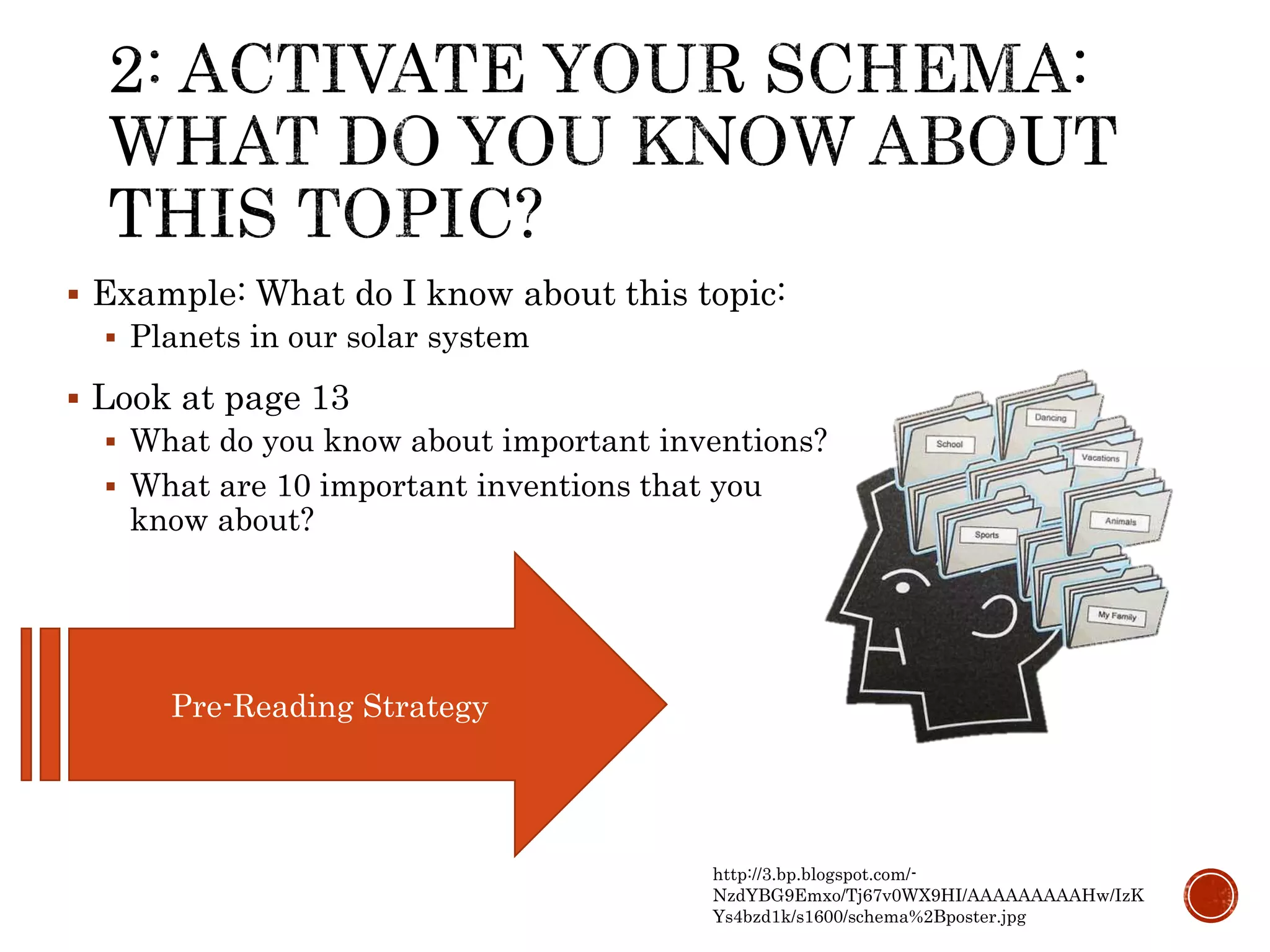 http://3.bp.blogspot.com/-
NzdYBG9Emxo/Tj67v0WX9HI/AAAAAAAAAHw/IzK
Ys4bzd1k/s1600/schema%2Bposter.jpg
 Example: What do I know about this topic:
 Planets in our solar system
 Look at page 13
 What do you know about important inventions?
 What are 10 important inventions that you
know about?
Pre-Reading Strategy
 