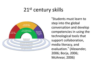 21st century skills
             “Students must learn to
             step into the global
             conversation and develop
             competencies in using the
             technological tools that
             support collaboration,
             media literacy, and
             evaluation.” (Alexander,
             2006; Borja, 2006;
             McAnear, 2006)
 