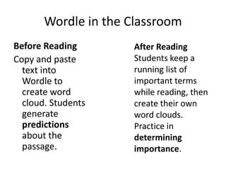 Wordle in the Classroom
Before Reading        After Reading
Copy and paste        Students keep a
  text into           running list of
  Wordle to           important terms
  create word         while reading, then
  cloud. Students     create their own
  generate            word clouds.
  predictions         Practice in
  about the           determining
  passage.            importance.
 