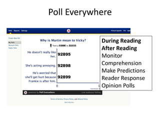 Poll Everywhere

            During Reading
            After Reading
            Monitor
            Comprehension
            Make Predictions
            Reader Response
            Opinion Polls
 