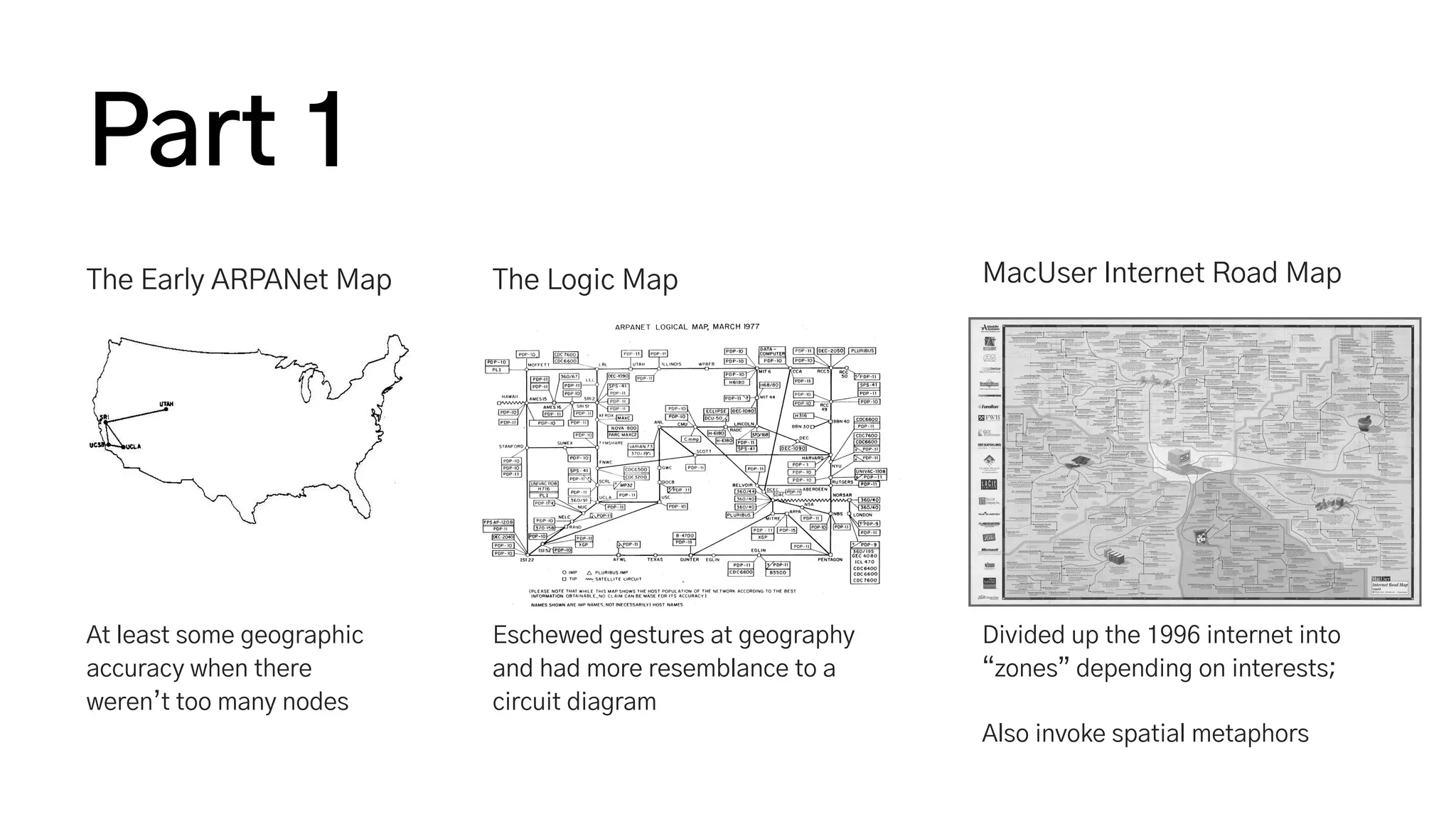 The Early ARPANet Map
At least some geographic
accuracy when there
weren’t too many nodes
The Logic Map
Eschewed gestures at geography
and had more resemblance to a
circuit diagram
MacUser Internet Road Map
Divided up the 1996 internet into
“zones” depending on interests;
Also invoke spatial metaphors
Part 1
 