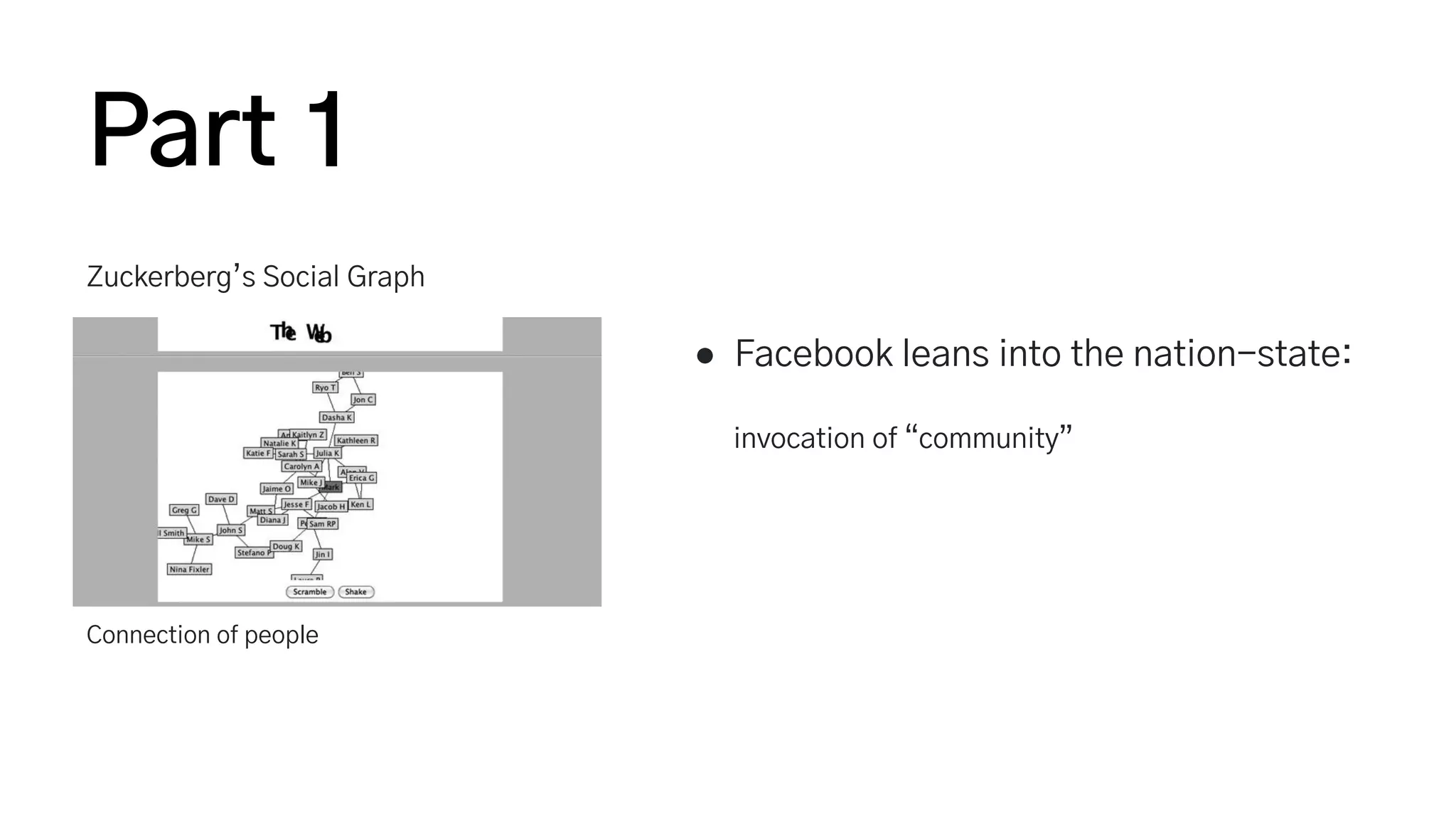 Zuckerberg’s Social Graph
Connection of people
Part 1
● Facebook leans into the nation-state:
invocation of “community”
 