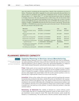 120 Section 1 Strategy, Products, and Capacity
shows the analysis considering the discounted flows. Details of the calculations are given as
follows. The present value table in Appendix E can be used to look up the discount factors. In
order to make our calculations agree with those completed by Excel—in Excel, calculate the
discount factor = (1 + interest rate)(–years)
—we have used discount factors that are calculated
to 10 digits of precision. The only calculation that is a little tricky is the one for revenue when
we do nothing now and expand at the beginning of next year. In this case, we have a revenue
stream of $170,000 the first year, followed by four years at $190,000. The first part of the cal-
culation (170,000 × .862068966) discounts the first-year revenue to the present. The next part
(190,000 × 2.798180638) discounts the next four years to the start of year 2. We then discount
this four-year stream to the present value.
Alternative Revenue Cost Value
Move to new location, strong
growth
$195,000 × 3.274293654 $210,000 $428,487
Move to new location, weak
growth
$115,000 × 3.274293654 $210,000 $166,544
Expand store, strong growth $190,000 × 3.274293654 $87,000 $535,116
Expand store, weak growth $100,000 × 3.274293654 $87,000 $240,429
Do nothing now, strong growth,
expand next year
$170,000 × .862068966 + $190,000
× 2.798180638 × .862068966
$87,000 ×
.862068966
$529,874
Do nothing now, strong growth,
do not expand next year
$170,000 × 3.274293654 $0 $556,630
Do nothing now, weak growth $105,000 × 3.274293654 $0 $343,801
PLANNING SERVICE CAPACITY
Capacity Planning in Services versus Manufacturing
Although capacity planning in services is subject to many of the same issues as manufactur-
ing capacity planning, and facility sizing can be done in much the same way, there are several
important differences. Service capacity is more time- and location-dependent, it is subject to
more volatile demand fluctuations, and utilization directly impacts service quality.
Time Unlike goods, services cannot be stored for later use. As such, in services, managers
must consider time as one of their supplies. The capacity must be available to produce a service
when it is needed. For example, a customer cannot be given a seat that went unoccupied on a
previous airline flight if the current flight is full. Nor can the customer purchase a seat on a
particular day’s flight and take it home to be used at some later date.
Location In face-to-face settings, the service capacity must be located near the customer.
In manufacturing, production takes place, and then the goods are distributed to the customer.
With services, however, the opposite is true. The capacity to deliver the service must first be
distributed to the customer (either physically or through some communications medium, such
as the telephone), then the service can be produced. A hotel room or rental car that is available
in another city is not much use to the customer—it must be where the customer is when that
customer needs it.
Volatility of Demand The volatility of demand on a service delivery system
is much higher than that on a manufacturing production system for three reasons. First, as
just mentioned, services cannot be stored. This means that inventory cannot smooth the
demand as in manufacturing. The second reason is that the customers interact directly with
Compare capacity planning
in services to capacity
planning in manufacturing.
LO 5–4
 