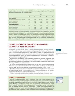Strategic Capacity Management Chapter 5 117
EXAMPLE 5.2: Decision Trees
The owner of Hackers Computer Store is considering what to do with his business over the
next five years. Sales growth over the past couple of years has been good, but sales could grow
substantially if a major proposed electronics firm is built in his area. Hackers’ owner sees three
options. The first is to enlarge his current store, the second is to locate at a new site, and the
third is to simply wait and do nothing. The process of expanding or moving would take little
time, and, therefore, the store would not lose revenue. If nothing were done the first year and
strong growth occurred, then the decision to expand could be reconsidered. Waiting longer than
one year would allow competition to move in and would make expansion no longer feasible.
Step 3. Project labor and equipment availabilities over the planning horizon. We repeat the
preceding calculations for the remaining years.
Year
1 2 3 4 5
Bottle Operation
Percentage machine capacity utilized 30% 41% 54.4% 66% 77.3%
Machine requirement 0.9 1.23 1.63 1.98 2.32
Labor requirement 1.8 2.46 3.26 3.96 4.64
Plastic Bag Operation
Percentage machine capacity utilized 24% 48% 72% 84% 94%
Machine requirement 1.2 2.4 3.6 4.2 4.7
Labor requirement 3.6 7.2 10.8 12.6 14.1
A positive capacity cushion exists for all five years relative to the availability of machines
because the available capacity for both operations always exceeds the expected demand.
Stewart Company can now begin to develop the intermediate-range sales and operations plan
for the two production lines. This operations plan would need to address the issue of how
these machines might actually be scheduled relative to the use of overtime and/or multiple
shifts over weekly and monthly time intervals.
A convenient way to lay out the steps of a capacity problem is through the use of decision
trees. The tree format helps not only in understanding the problem but also in finding a solu-
tion. A decision tree is a schematic model of the sequence of steps in a problem and the con-
ditions and consequences of each step. In recent years, a few commercial software packages
have been developed to assist in the construction and analysis of decision trees. These pack-
ages make the process quick and easy.
Decision trees are composed of decision nodes with branches extending to and from them.
Usually squares represent decision points and circles represent chance events. Branches from
decision points show the choices available to the decision maker; branches from chance events
show the probabilities for their occurrence.
In solving decision tree problems, we work from the end of the tree backward to the start
of the tree. As we work back, we calculate the expected values at each step. In calculating the
expected value, the time value of money is important if the planning horizon is long.
Once the calculations are made, we prune the tree by eliminating from each decision point
all branches except the one with the highest payoff. This process continues to the first deci-
sion point, and the decision problem is thereby solved.
We now demonstrate an application of capacity planning for Hackers Computer Store.
USING DECISION TREES TO EVALUATE
CAPACITY ALTERNATIVES
Evaluate capacity
alternatives using decision
trees.
LO 5–3
 