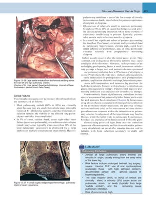Pulmonary Diseasesof Vascular Origin 483
Figure 12–26 Large saddle embolus from the femoral vein lying astride
the main left and right pulmonary arteries.
(Courtesy of Dr. Linda Margraf, Department of Pathology, University of Texas
Southwestern Medical School, Dallas,Texas.)
Figure 12–27 A small,roughly wedge-shaped hemorrhagic pulmonary
Clinical Features
The clinical consequences of pulmonary thromboembolism
are summarized as follows:
• Most pulmonary emboli (60% to 80%) are clinically
silent because they are small; the embolic mass is rapidly
removed by ﬁbrinolytic activity, and the bronchial cir-
culation sustains the viability of the affected lung paren-
chyma until this is accomplished.
• In 5% of cases, sudden death, acute right-sided heart
failure (acute cor pulmonale), or cardiovascular collapse
(shock) may occur typically when more than 60% of the
total pulmonary vasculature is obstructed by a large
embolus or multiple simultaneous small emboli. Massive
pulmonary embolism is one of the few causes of literally
instantaneous death, even before the person experiences
chest pain or dyspnea.
• Obstruction of relatively small to medium pulmonary
branches (10% to 15% of cases) that behave as end arter-
ies causes pulmonary infarction when some element of
circulatory insufﬁciency is present. Typically, persons
who sustain such infarction manifest dyspnea.
• In a small but signiﬁcant subset of patients (accounting
for less than 3% of cases), recurrent multiple emboli lead
to pulmonary hypertension, chronic right-sided heart
strain (chronic cor pulmonale), and, in time, pulmonary
vascular sclerosis with progressively worsening
dyspnea.
Emboli usually resolve after the initial acute event. They
contract, and endogenous ﬁbrinolytic activity may cause
total lysis of the thrombus. However, in the presence of an
underlying predisposing factor, a small, innocuous embolus
may presage a larger one, and patients whohave experienced
one pulmonary embolism have a 30% chance of developing a
second. Prophylactic therapy may include anticoagulation,
early ambulation for postoperative and postparturient
patients, application of elastic stockings, intermittent pneu-
matic calf compression, and isometric leg exercises for
bedridden patients. Patients with pulmonary embolism are
given anticoagulation therapy. Patients with massive pul-
monary embolism are candidates for thrombolytic therapy.
Nonthrombotic forms of pulmonary embolism include
several uncommon but potentially lethal forms, such as air,
fat, and amniotic ﬂuid embolism (Chapter 3). Intravenous
drug abuse often is associated with foreign body embolism
in the pulmonary microvasculature; the presence of mag-
nesium trisilicate (talc) in the intravenous mixture elicits a
granulomatous response within the interstitium or pulmo-
nary arteries. Involvement of the interstitium may lead to
ﬁbrosis, while the latter leads to pulmonary hypertension.
Residual talc crystals can be demonstrated within the gran-
ulomas using polarized light. Bone marrow embolism
(presence of hematopoietic and fat elements within pulmo-
nary circulation) can occur after massive trauma and in
patients with bone infarction secondary to sickle cell
anemia.
SUMMARY
Pulmonary Embolism
• Almost all large pulmonary artery thrombi are
embolic in origin, usually arising from the deep veins
of the lower leg.
• Risk factors include prolonged bedrest, leg surgery,
severe trauma, CHF, use of oral contraceptives
(especially those with high estrogen content),
disseminated cancer, and genetic causes of
hypercoagulability.
• The vast majority (60% to 80%) of emboli are
clinically silent, a minority (5%) cause acute cor
pulmonale, shock, or death (typically from large
“saddle emboli”), and the remaining cause
pulmonary infarction.
• Risk of recurrence is high.
infarct of recent occurrence.
 
