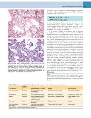 A
B
Figure 12–4 A, Diffuse alveolar damage in acute lung injury and acute
respiratory distress syndrome. Some alveoli are collapsed; others are
distended. Many are lined by bright pink hyaline membranes (arrow). B,
The healing stage is marked by resorption of hyaline membranes with
thickening of alveolar septa containing inﬂammatory cells, ﬁbroblasts, and
collagen. Numerous reactive type II pneumocytes also are seen at this
stage (arrows),associated with regeneration and repair.
Obstructive Lung (Airway) Diseases 463
(discussed later) include the pneumoconioses, interstitial
ﬁbrosis of unknown etiology, and most of the inﬁltrative
conditions (e.g., sarcoidosis).
OBSTRUCTIVE LUNG
(AIRWAY) DISEASES
In their prototypical forms, the four disorders in this
group—emphysema, chronic bronchitis, asthma, and
bronchiectasis—have distinct clinical and anatomic charac-
teristics (Table 12–2), but overlaps between emphysema,
bronchitis, and asthma are common.
At the outset, it should be recognized that the deﬁnition
of emphysema is morphologic, whereas chronic bronchitis is
deﬁned on the basis of clinical features such as the presence of
chronic and recurrent cough with excessive mucus secre-
tion. Second, the anatomic distribution is partially differ-
ent; chronic bronchitis initially involves the large airways,
whereas emphysema affects the acinus. In severe or
advanced cases of both, small airway disease (chronic
bronchiolitis) is characteristic. Although chronic bronchitis
may exist without demonstrable emphysema, and almost
pure emphysema may occur (particularly in patients with
inherited  1-antitrypsin deﬁciency) (discussed later), the
two diseases usually coexist. This is almost certainly
because the major cause—cigarette smoking, especially
long-term, heavy tobacco exposure—is common to both
disorders. In view of their propensity to coexist, emphy-
sema and chronic bronchitis often are clinically grouped
together under the rubric of chronic obstructive pulmonary
disease (COPD). COPD affects more than 10% of the U.S.
adult population and is the fourth leading cause of death
in this country. The primarily irreversible airﬂow obstruc-
tion of COPD distinguishes it from asthma, which, as
described later, is characterized largely by reversible airﬂow
obstruction; however, patients with COPD commonly have
some degree of reversible obstruction as well (Fig. 12–5).
Emphyse
ma
Clinical Entity
Anatomi
c Site Major Pathologic Changes Etiology Signs/Symptoms
Chronic bronchitis Bronchus Mucous glandhypertrophy
andhyperplasia,
hypersecretion
Tobaccosmoke, air pollutants Cough, sputum production
Bronchiectasis Bronchus Airway dilation and scarring Persistent or severe infections Cough, purulent sputum, fever
Asthma Bronchus Smooth musclehypertrophy
andhyperplasia, excessive
mucus,inflammation
Immunologic or undefined causes Episodic wheezing, cough,
dyspnea
Emphysema Acinus Air spaceenlargement, wall
destruction
Tobacco smoke Dyspnea
Smallairway disease,
bronchiolitis*
Bronchiole Inflammatory scarring, partial
obliteration of bronchioles
Tobaccosmoke, air pollutants Cough,dyspnea
Emphysema is characterized by abnormal permanent enlarge-
ment of the air spaces distal to the terminal bronchioles,
accompanied by destruction of their walls without signiﬁcant
ﬁbrosis.
Table 12-2 Disorders Associated with Airflow Obstruction: The Spectrum of Chronic Obstructive Pulmonary Disease
*Can be present in all forms of obstructive lung disease or by
itself.
 